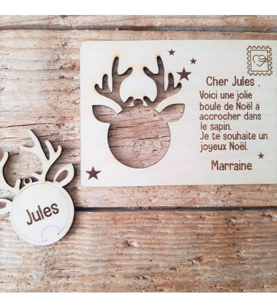 Carte postale en bois & sa boule de Noël - Personnalisable