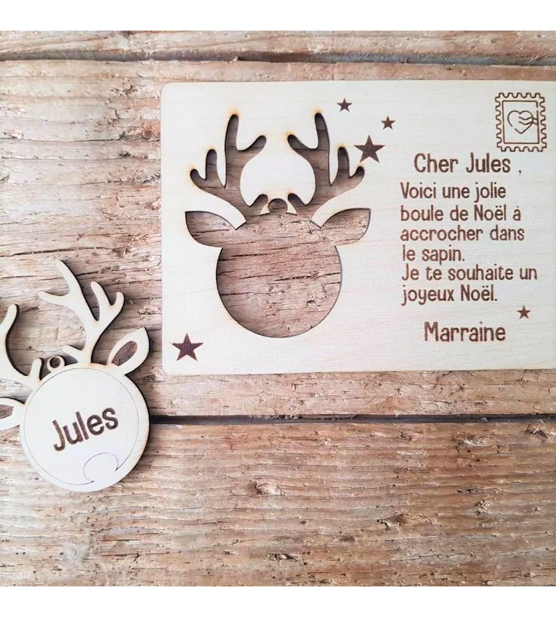 Carte postale et boule de Noël en bois Personnalisée