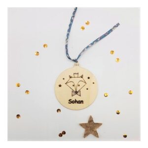 Boule de Noël Bois & Liberty personnalisable