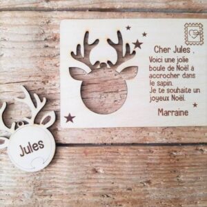 Carte postale en bois & sa boule de Noël personnalisable - 2 modèles
