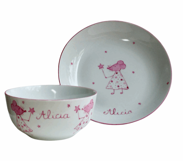 Coffret cadeau vaisselle personnalisée 2 pièces "Fée souris" - 2 coloris