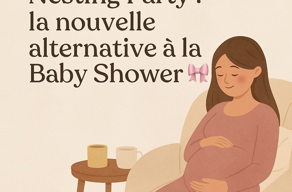 Des amis et la future maman réunis lors d'un "Nesting Party" dans un salon chaleureux. Une femme enceinte discute sur un fauteuil tandis que d'autres plient des vêtements de bébé, montent un lit à barreaux et trient des petits chaussons sur une table. L'image illustre le soutien et l'entraide pour préparer l'arrivée d'un nouveau-né.