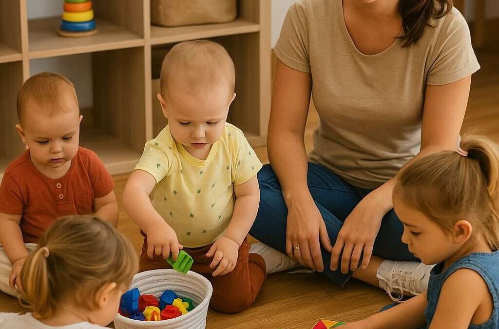 Image illustrant la vie en crèche avec des bébés jouant dans un espace lumineux et coloré, symbolisant le témoignage d’une auxiliaire petite enfance sur son quotidien en crèche — mon-petit-tresor.com, cadeaux de naissance personnalisés faits main en France.