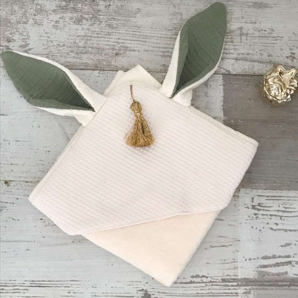 Cape de bain personnalisable "Nid d’abeille" écru et kaki – 2 tailles au choix