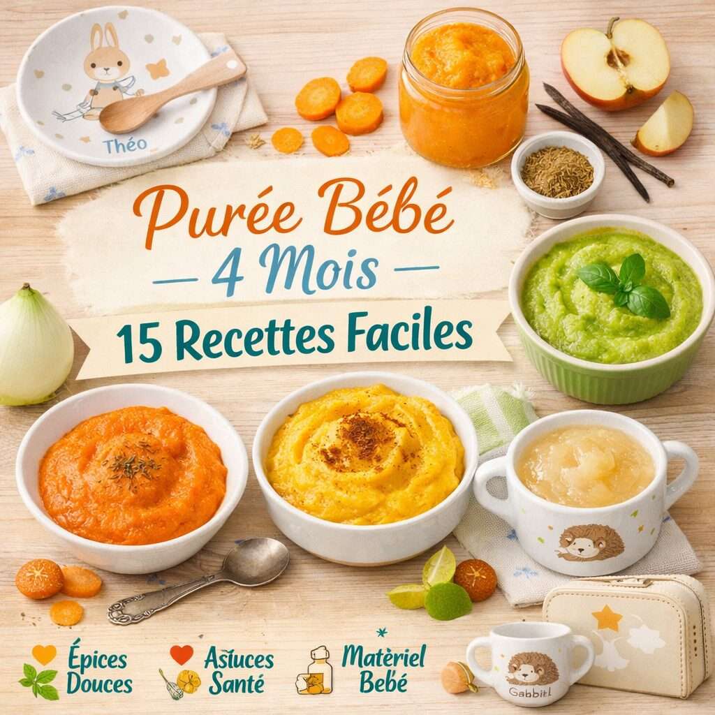 ChatGPT Image 23 mars 2026, 22_45_14 Image illustrant les premières purées pour bébé de 4 à 6 mois avec des recettes faciles, saines et adaptées à la diversification alimentaire.