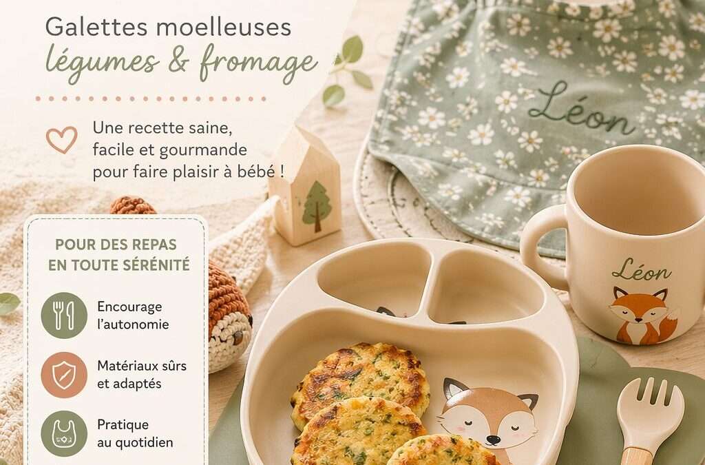 Recette bébé 1 an avec galettes légumes fromage servies dans assiette bébé personnalisée et accessoires repas enfant