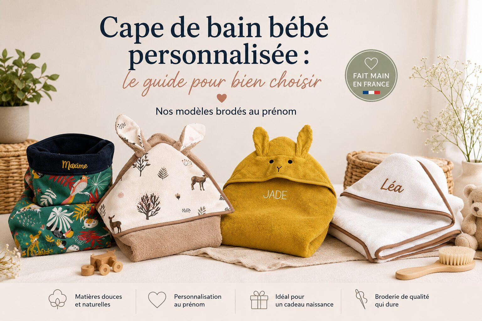 Collection de capes de bain bébé personnalisées brodées au prénom, avec différents modèles en éponge et coton (lapin, biche, jungle), fabriquées à la main en France. Guide pour bien choisir une cape de bain personnalisée pour un cadeau de naissance.
