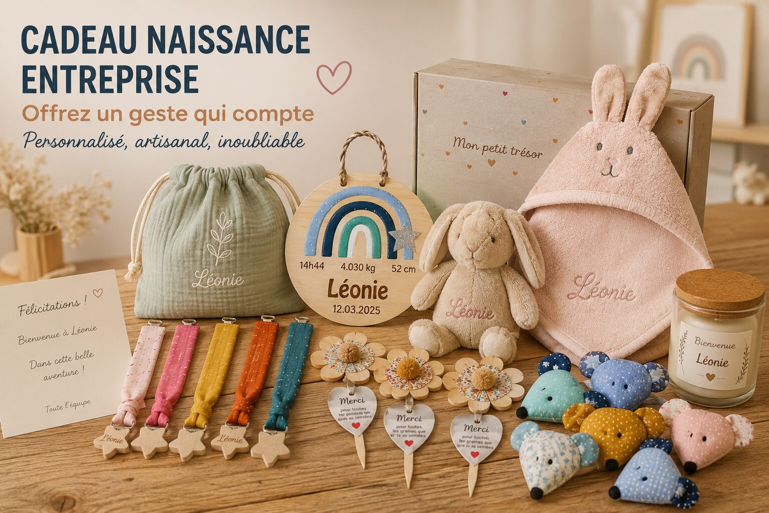 Cadeau naissance entreprise personnalisé Cadeau naissance entreprise avec coffret personnalisé, doudou brodé, cape de bain, accessoires bébé et créations artisanales made in France