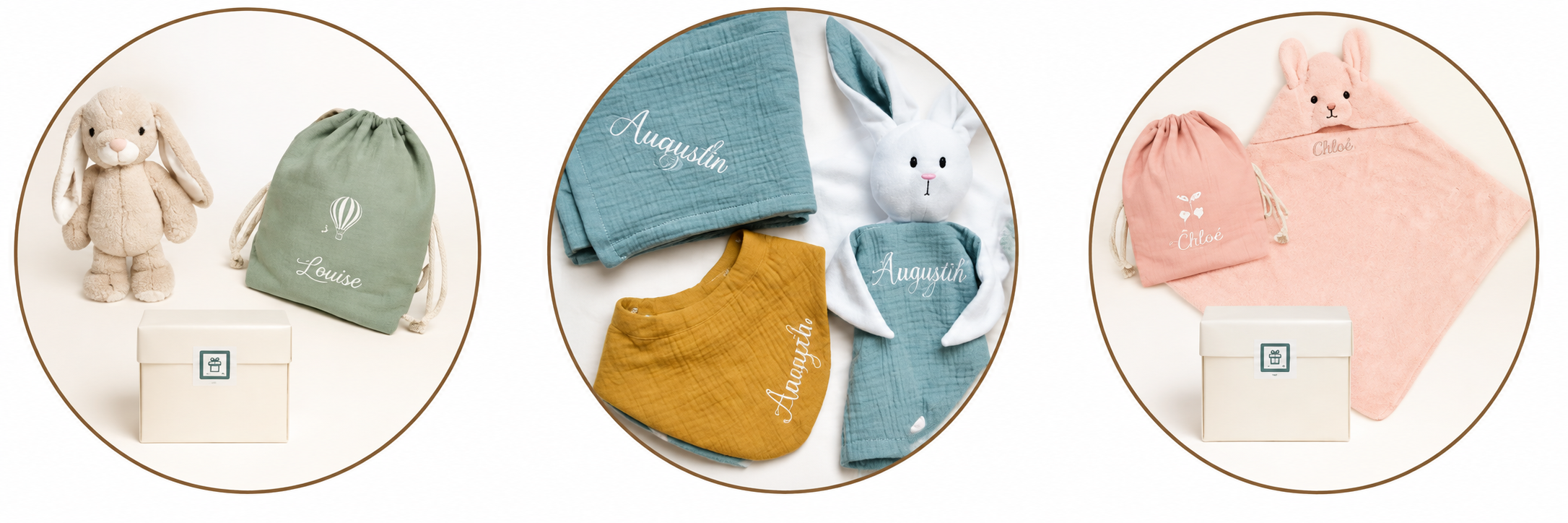 Coffrets cadeaux naissance personnalisés Coffrets cadeaux naissance personnalisés avec doudou, accessoires bébé et linge brodé, présentés dans trois tons pastel