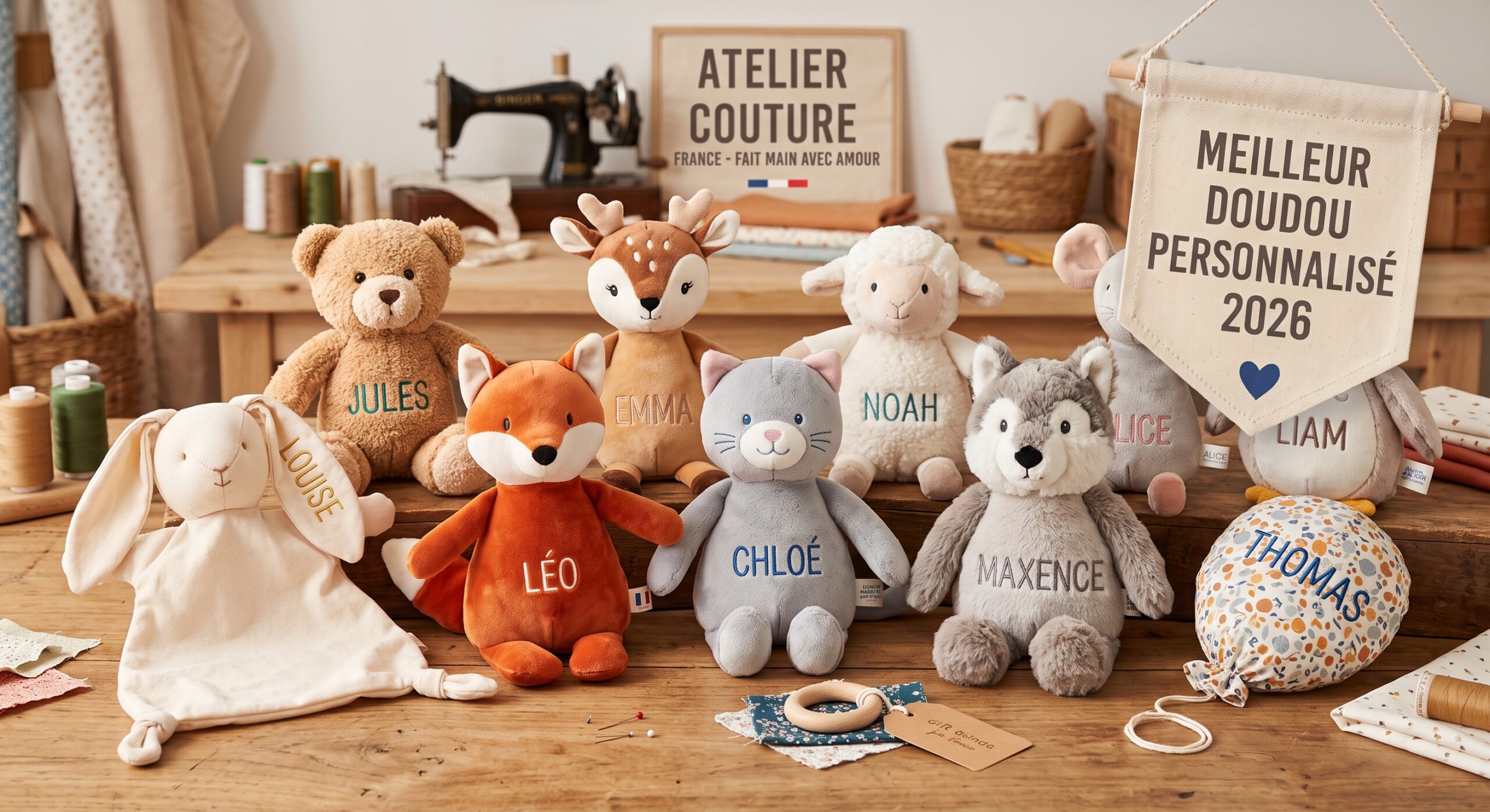 Meilleur Doudou Personnalisé Une photographie d'une collection de dix doudous (peluches) personnalisés et faits main, présentés sur une table en bois rustique dans un atelier de couture. Chaque doudou est un animal différent (lapin, ours, faon, renard, chat, loup, souris, hibou, et un ballon) et porte un prénom brodé (comme Louise, Jules, Emma, Noah, Léo, Chloé, Maxence, Liam, Thomas). En arrière-plan se trouvent une machine à coudre, des bobines de fil, et une enseigne en bois avec l'inscription 'ATELIER COUTURE FRANCE - FAIT MAIN AVEC AMOUR'. Un fanion suspendu porte l'inscription 'MEILLEUR DOUDOU PERSONNALISÉ 2026'.