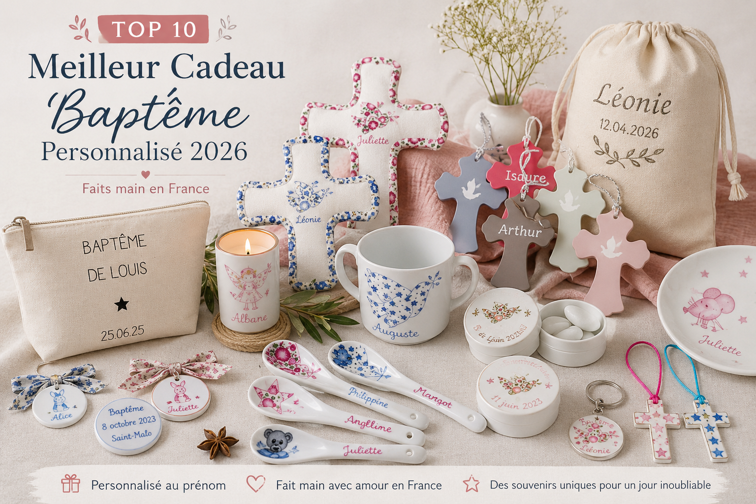Top 10 des meilleurs cadeaux de baptême personnalisés 2026. Sélection de souvenirs faits main en France : croix, bougies, trousses et vaisselle personnalisées au prénom de l'enfant.