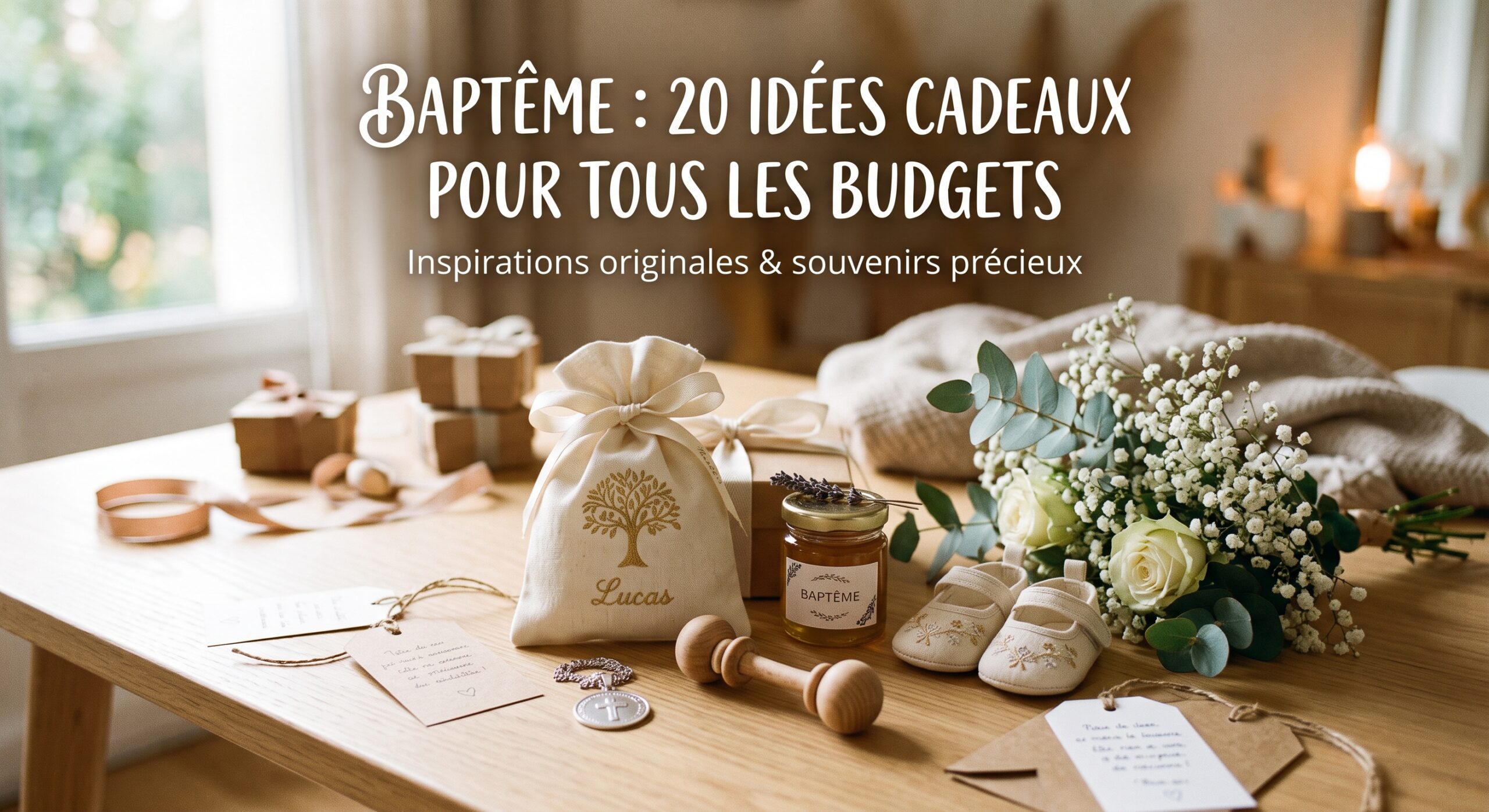 idee-cadeau-bapteme-original-personnalise-budgets.jpg Une table en bois décorée avec des cadeaux de baptême doux et naturels : un pochon en tissu brodé au prénom Lucas, un pot de miel, une médaille en argent, un hochet en bois, des chaussons de bébé et des fleurs blanches. Texte de l'image : "Baptême : 20 idées cadeaux pour tous les budgets".
