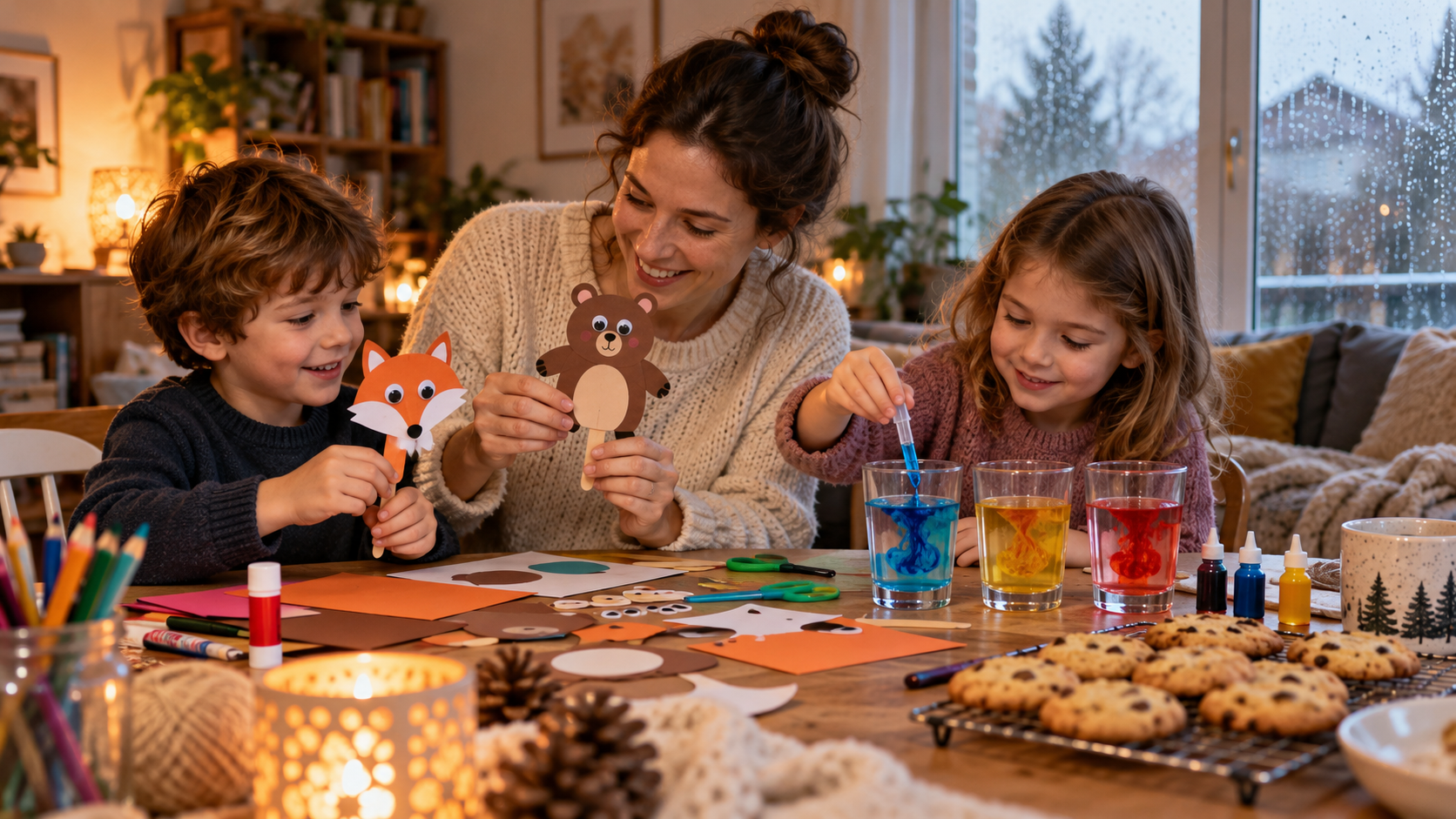 Une famille fabrique des marionnettes et expérimente les couleurs à la maison pendant une journée d’hiver