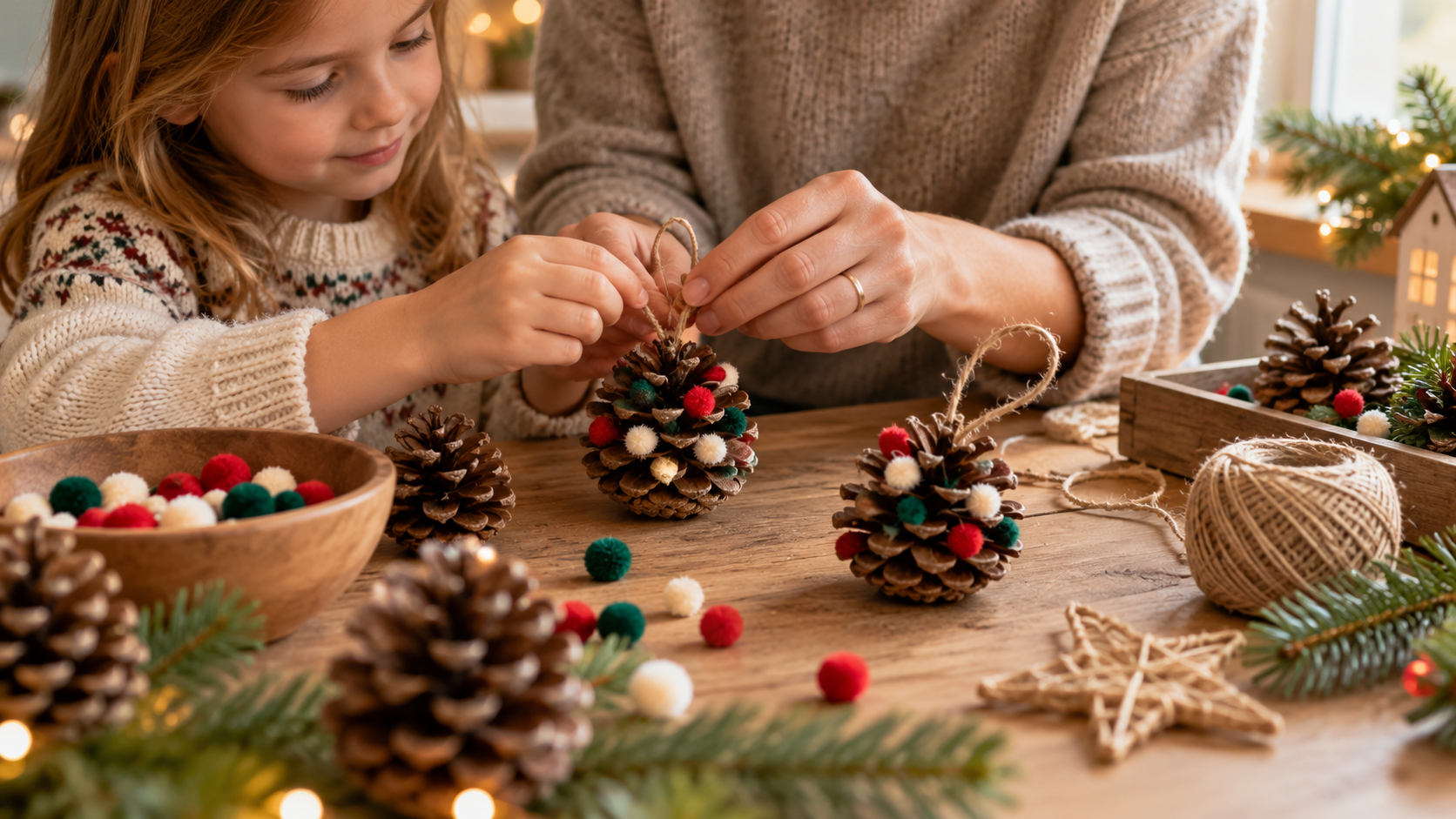 Une enfant et un adulte suspendent une décoration de Noël en pomme de pin ornée de pompons colorés